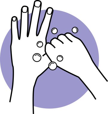 Adım adım el yıkama talimatları ve yönergeler. Avuçlarda, parmaklarda, tırnaklarda, sırtlarda, baş parmaklarda ve bileklerde su sabunuyla el yıkamanın vektör çizimleri. Floş, kuru eller, temiz eller..