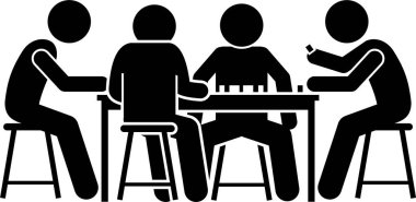 Masada oyun kartı, poker kartı ve mahjong oynayan insanlar var. Piktogram, oyun kartını oynayan erkeklerin farklı sayıda oyuncularını, tepkilerini, duygularını, duygularını ve eylemlerini betimler.