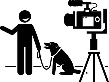 Sosyal medya etkileyicileri ve internet içeriği yaratıcısı çubuk figürü pictogram. Yeteneklerini, uzmanlıklarını ve eleştirmenliklerini göstererek video oluşturan kadın ve erkeğin vektör çizimleri.