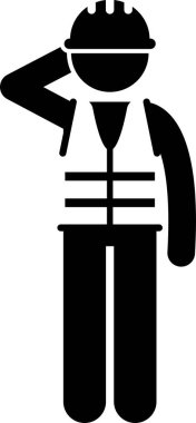 Endüstriyel işçiler duygular, duygular ve eylem simgeleri belirlendi. Sert şapka ve güvenlik yeleği giyen inşaat işçisinin vektör çizimi.