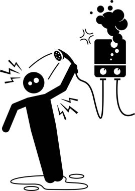 Evde güvenlik tehlikesi var. Evin içinde tehlikeli aletler ve potansiyel riskler var. Kaza, kaza ve mutfaktaki, banyodaki ve evdeki diğer yerlerdeki yaralar. Çubuk figürlerde resim.