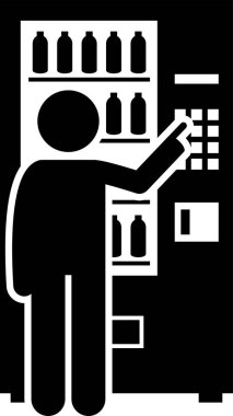 Otomatı olan insanlar. Piktogram, otomat kullanan ve onu yok eden birini tasvir ediyor. Çubuk figürleri ayrıca stok yapan, tamir eden ve ondan para toplayan bir işçiyi gösteriyor..