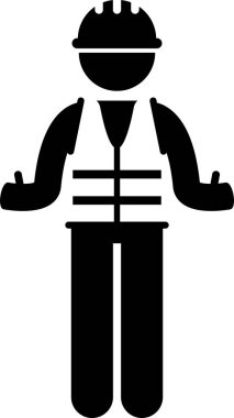 Endüstriyel işçiler duygular, duygular ve eylem simgeleri belirlendi. Sert şapka ve güvenlik yeleği giyen inşaat işçisinin vektör çizimi.