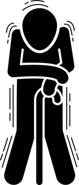 Vücut ağrısı ve eklem ağrısı olan yaralı yaşlı bir adam. Tekerlekli sandalye ve kırık kemik için sargı bezi kullanan yaralı yaşlı adamların vektör çizimleri. Yoğun bakımda solunum cihazına bağlı insanlar var..