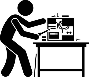 Adam tamir ediyor, tamir ediyor, kuruyor ve yeni bir bilgisayar yapıyor. Vektör çizimleri donanım parçalarını güncelleyen ve kuran bir bilgisayar teknisyeni tasvir ediyor.