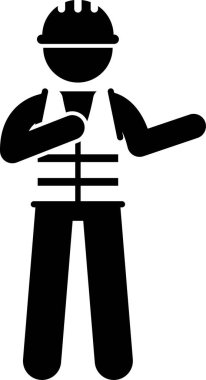Endüstriyel işçiler duygular, duygular ve eylem simgeleri belirlendi. Sert şapka ve güvenlik yeleği giyen inşaat işçisinin vektör çizimi.
