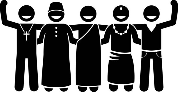 Mixed culture, multiracial, multicultural, and peaceful religions of human standing together. Vector artwork depicts people of different religions standing united together to promote a peaceful world.