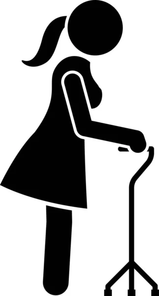 移动辅助医疗工具和设备粘贴图形图标 艺术品标志符号描绘了一个女人拿着拐杖 电动轮椅 电动车和步行者行走的情景 — 图库矢量图片