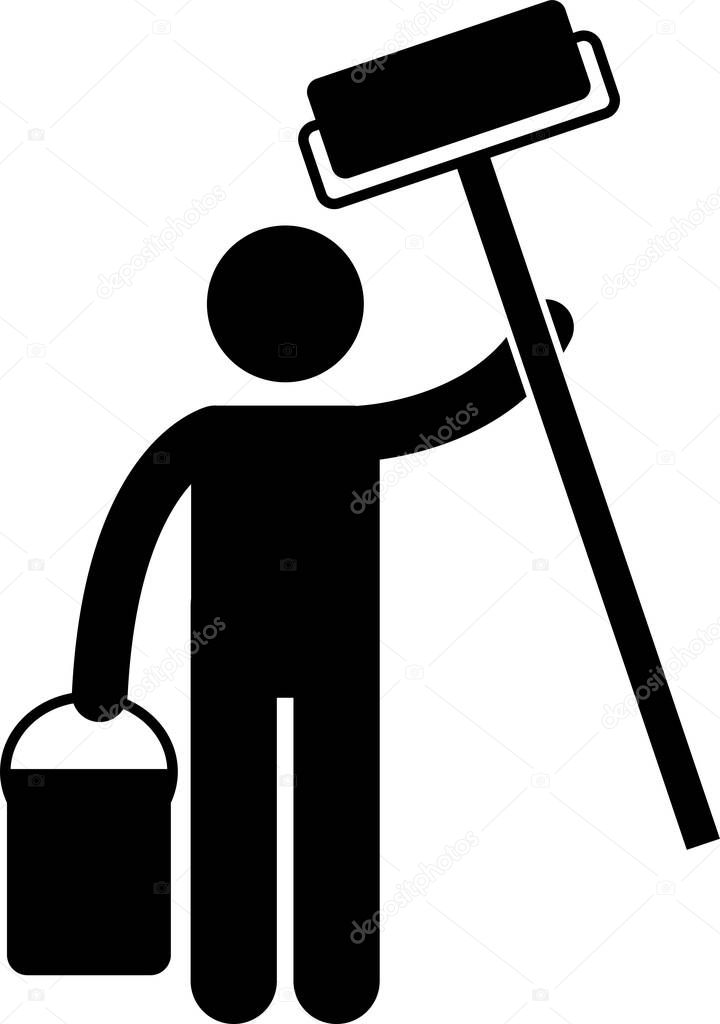 minimalistic vector illustration of worker holding tool or equipment 