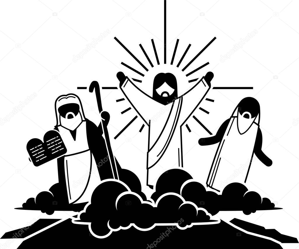 Miracles of Jesus Christ icons pictogram. Stick figure of Jesus Christ curing blind, woman, turning water to wine, exorcism, resurrection, catch fish, walking on water, feeding, and transfiguration.