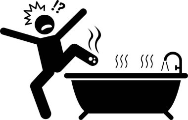 Evde güvenlik tehlikesi var. Evin içinde tehlikeli aletler ve potansiyel riskler var. Kaza, kaza ve mutfaktaki, banyodaki ve evdeki diğer yerlerdeki yaralar. Çubuk figürlerde resim.