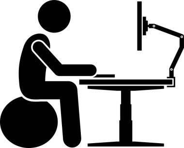 Ergonomik bilgisayar masası, işyeri ve çalışma istasyonu. Çubuk figürü pictogram simgeleri ofis çalışması için ergonomik aksesuarları iyi duruş ve destek ile betimler.