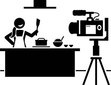 Sosyal medya etkileyicileri ve internet içeriği yaratıcısı çubuk figürü pictogram. Yeteneklerini, uzmanlıklarını ve eleştirmenliklerini göstererek video oluşturan kadın ve erkeğin vektör çizimleri.