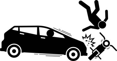 Trafik kazası ve araba kazası ikonları. Araba, motosiklet, bisiklet, insan, yaya, koşucu, çocuk ve yaşlılar arasındaki trafik kazasının vektör çizimi.