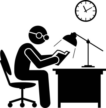 İnsanlar farklı yerlerde kitap okuyor. Piktogram, kanepede, sandalyede, masada, kütüphanede, yatakta, hamakta, trende, tuvalette, kahve dükkanında ve bahçe parkında kitap okumak için ayakta duran kadın ve erkeği tasvir ediyor..