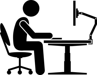 Ergonomik bilgisayar masası, işyeri ve çalışma istasyonu. Çubuk figürü pictogram simgeleri ofis çalışması için ergonomik aksesuarları iyi duruş ve destek ile betimler.