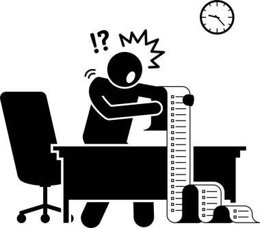 Ofis çubuğu resim ikonlarında yönetici, CEO, işçi ya da iş adamı. Çok çalışan, bitkin, yorgun ve çok fazla işi olan ve dikkati dağılmış bir adamın temsilcileri..