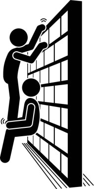 Duvar çubuğu olan insanlar resimli resim simgeleri çizerler. Duvara tırmanan ve duvarın diğer tarafında duran insanları gösteren vektör çizimi..