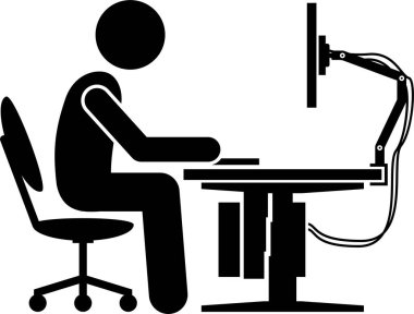 Ergonomik bilgisayar masası, işyeri ve çalışma istasyonu. Çubuk figürü pictogram simgeleri ofis çalışması için ergonomik aksesuarları iyi duruş ve destek ile betimler.