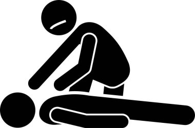 Kalp krizi için ilk yardım müdahalesi. Acil tedavi prosedürleri. Şekil simgeleri. Kalp masajı kurtarma prosedürlerinin vektör çizimleri ve kalp krizi geçiren bir hastaya nasıl yardım edileceği..