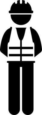 Endüstriyel işçiler duygular, duygular ve eylem simgeleri belirlendi. Sert şapka ve güvenlik yeleği giyen inşaat işçisinin vektör çizimi.