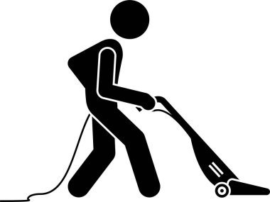 Elektrik süpürgesi simgesi kullanan adam, vektör illüstrasyonu