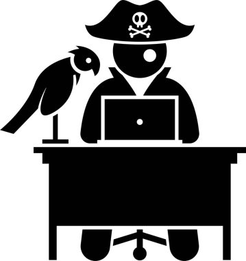 Dizüstü bilgisayar kullanılarak sihirbaz karakterinin minimalist vektör illüstrasyonu 