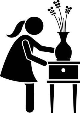 Ev Aletleri ve Ev Dekorasyonları Simgeleri Kurulumu. Piktogram, ev eşyaları döşeyen, mobilyaları taşıyan ve yaşam alanını dekore eden işçileri tasvir ediyor..