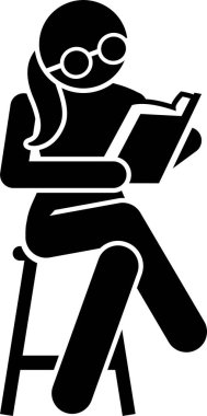 İnsanlar farklı yerlerde kitap okuyor. Piktogram, kanepede, sandalyede, masada, kütüphanede, yatakta, hamakta, trende, tuvalette, kahve dükkanında ve bahçe parkında kitap okumak için ayakta duran kadın ve erkeği tasvir ediyor..