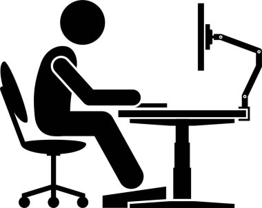 Ergonomik bilgisayar masası, işyeri ve çalışma istasyonu. Çubuk figürü pictogram simgeleri ofis çalışması için ergonomik aksesuarları iyi duruş ve destek ile betimler.