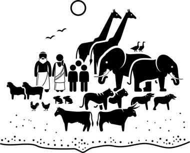 Nuh 'un Gemisi Hristiyan İncil Hikayesi. Nuh 'un, Tanrı' nın büyük selinden önce hayvanları kurtarmak için Nuh 'un Gemisi' ni inşa edişi..