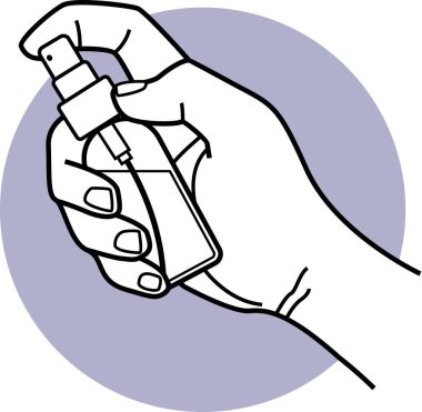 İnsan elinin sprey şişesini tutarken minimalist vektör çizimi 