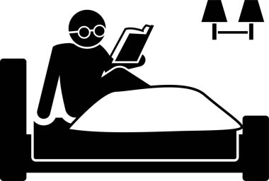 İnsanlar farklı yerlerde kitap okuyor. Piktogram, kanepede, sandalyede, masada, kütüphanede, yatakta, hamakta, trende, tuvalette, kahve dükkanında ve bahçe parkında kitap okumak için ayakta duran kadın ve erkeği tasvir ediyor..