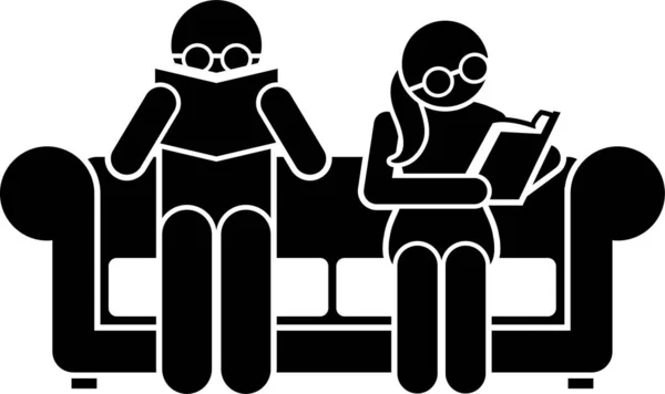 人々は別の場所で本を読んでいます ピクトグラムは ソファ テーブル 図書館 ベッド ハンモック トイレ コーヒーショップ ガーデンパークで本を読むために座って立っている男と女を描いています — ストックベクタ