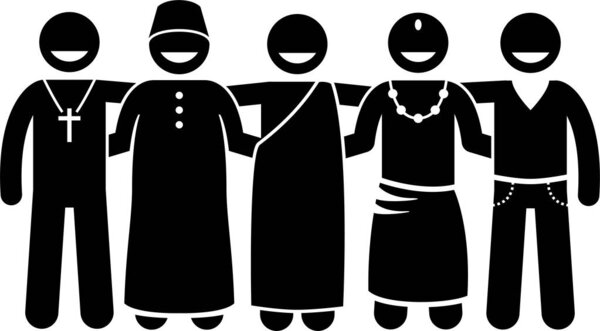 Mixed culture, multiracial, multicultural, and peaceful religions of human standing together. Vector artwork depicts people of different religions standing united together to promote a peaceful world.