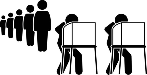 Избиратели голосуют на избирательном участке во время президентских выборов знаки и символы. Векторная иллюстрация людей, отдающих свои голоса и работников, работающих в день федеральных выборов.