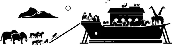 アーククリスチャン聖書の物語 ノアが大洪水の前に動物を救うために箱舟を作るイラスト作品 — ストックベクタ