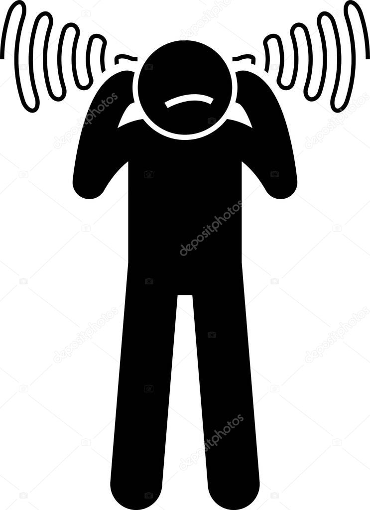 Tinnitus ear ringing noise in people icons. Vector illustrations of a man having tinnitus and experiencing a noisy sound in the ears.