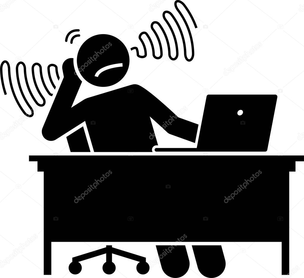 Tinnitus ear ringing noise in people icons. Vector illustrations of a man having tinnitus and experiencing a noisy sound in the ears.