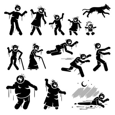 Zombi ailesi ve hastalıklı çöp adam karakter tasarımı. Baba, anne, çocuk, bebek, köpek, yaşlı insanların hastalıklı zombi resimlerinin çizimleri.. 