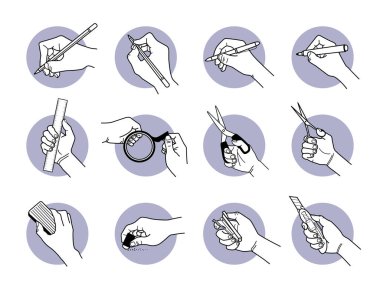 Kırtasiye malzemesi ve ekipman kullanan bir el. Kalem ve kalemle yazmanın, kalemle çizmenin, makas ve bıçakla kesmenin, silgiyle silmenin ve cetvelle ölçmenin çizimleri.