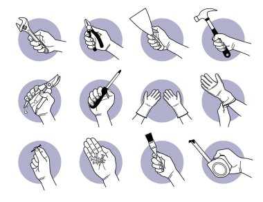 El ele tutuşan iş aletleri. El ele tutuşmanın örnekleri, anahtarlar, pense, mala, çekiç, secateurs, tornavida, eldiven, vida, çivi, boya fırçası ve ölçü bandı.. 