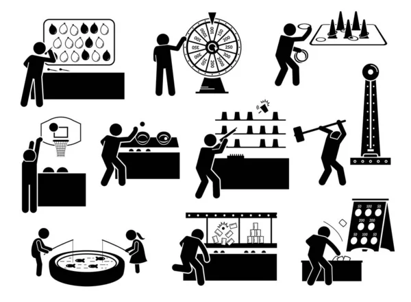 Carnival games and theme park activities stick figures icons. illustrations of people playing funfair games at booth.