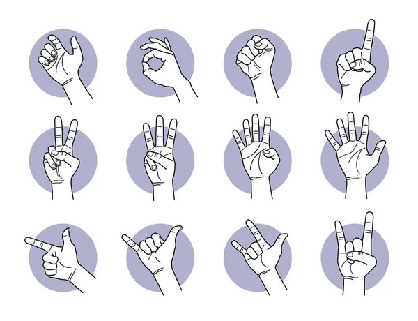 Hand and finger gestures. illustrations of different hand signals and poses.