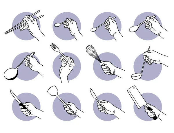 Keukengerei Kookgerei Met Hand Illustraties Van Een Hand Houden Eetstokjes — Stockfoto