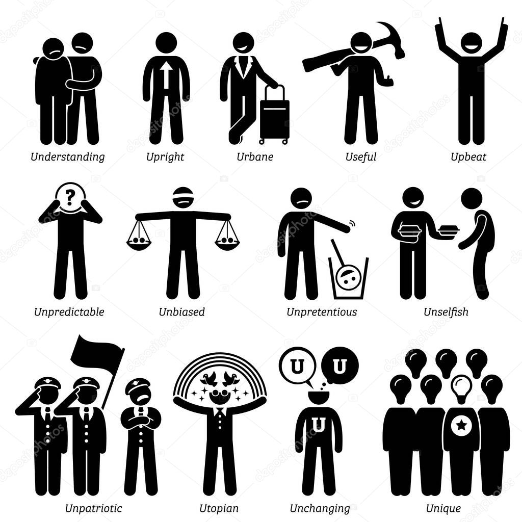 Positive Neutral Personalities Character Traits. Stick Figures Man Icons. Starting with the Alphabet U. Positive and neutral personalities traits, attitude, and characteristic. Understanding, upright, urbane, useful, upbeat, unpredictable, unbiased, 