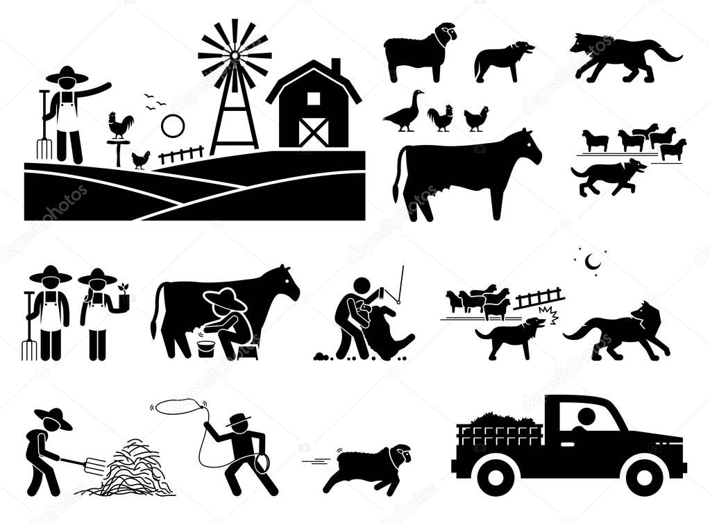 Traditional farmer lifestyle at barn. Stick figure illustrations depict farmer, animals, cow milking, sheepdog, herding, sheep, wolf, shearing, and haystack. 