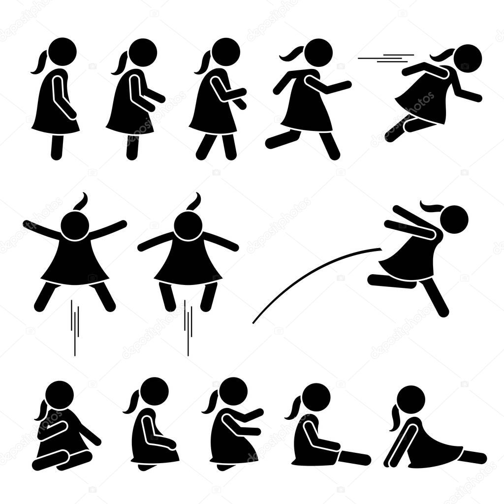 Little girl basic action poses stick figure icons. illustration of a small girl standing, walking, running, jumping, and sitting on the floor. 