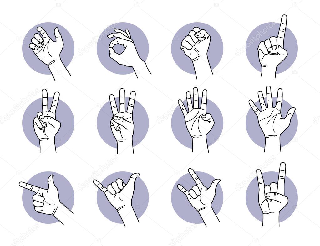 Hand and finger gestures. illustrations of different hand signals and poses. 