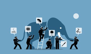 Six blind men touching an elephant. Vector illustrations depict six blindfolded people with different perceptions, impressions, ideas, opinions, beliefs, and interpretation towards an elephant. clipart